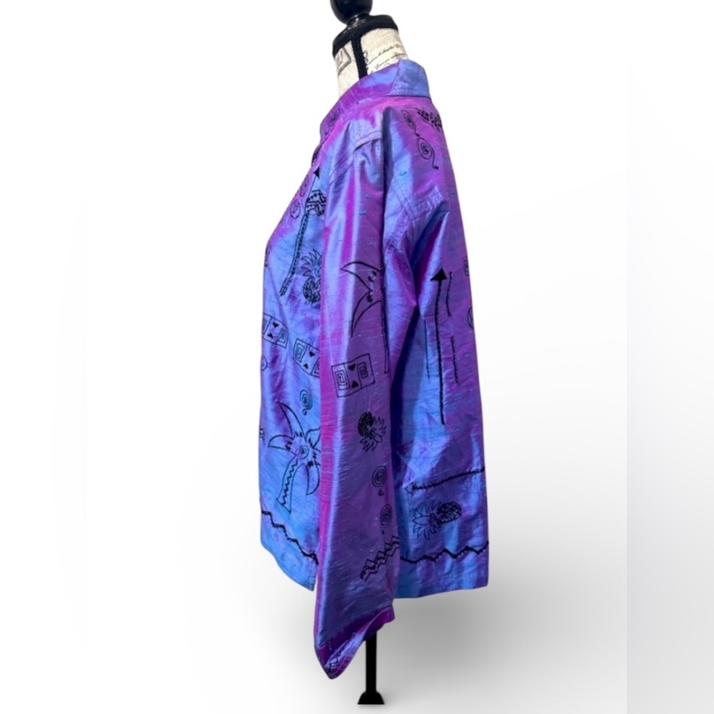 Bleu Bayou Purple Dupioni Silk Blouse Black Hand Beaded Embroidered Palms Size L - Picture 3 of 8
